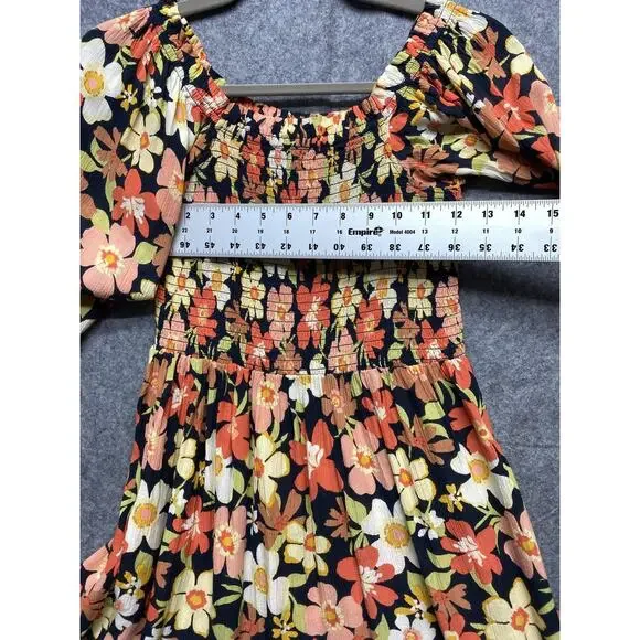 Billabong Dress Womens Large Black Floral Smocked Long Sleeve Boho Mini - Picture 2 of 9